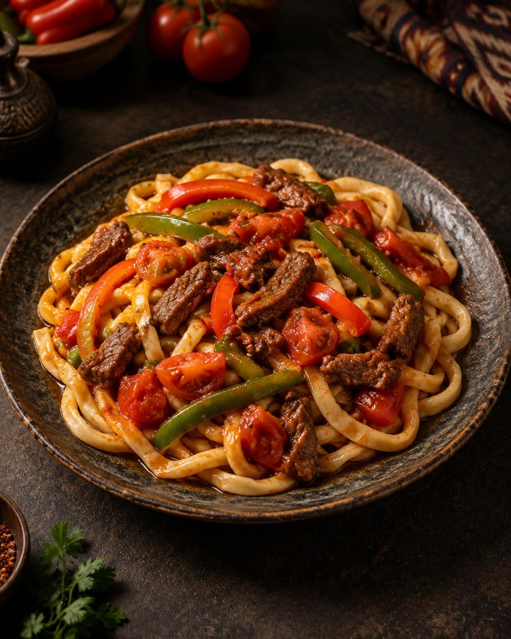 Laghman, nouilles maison au bœuf et aux légumes